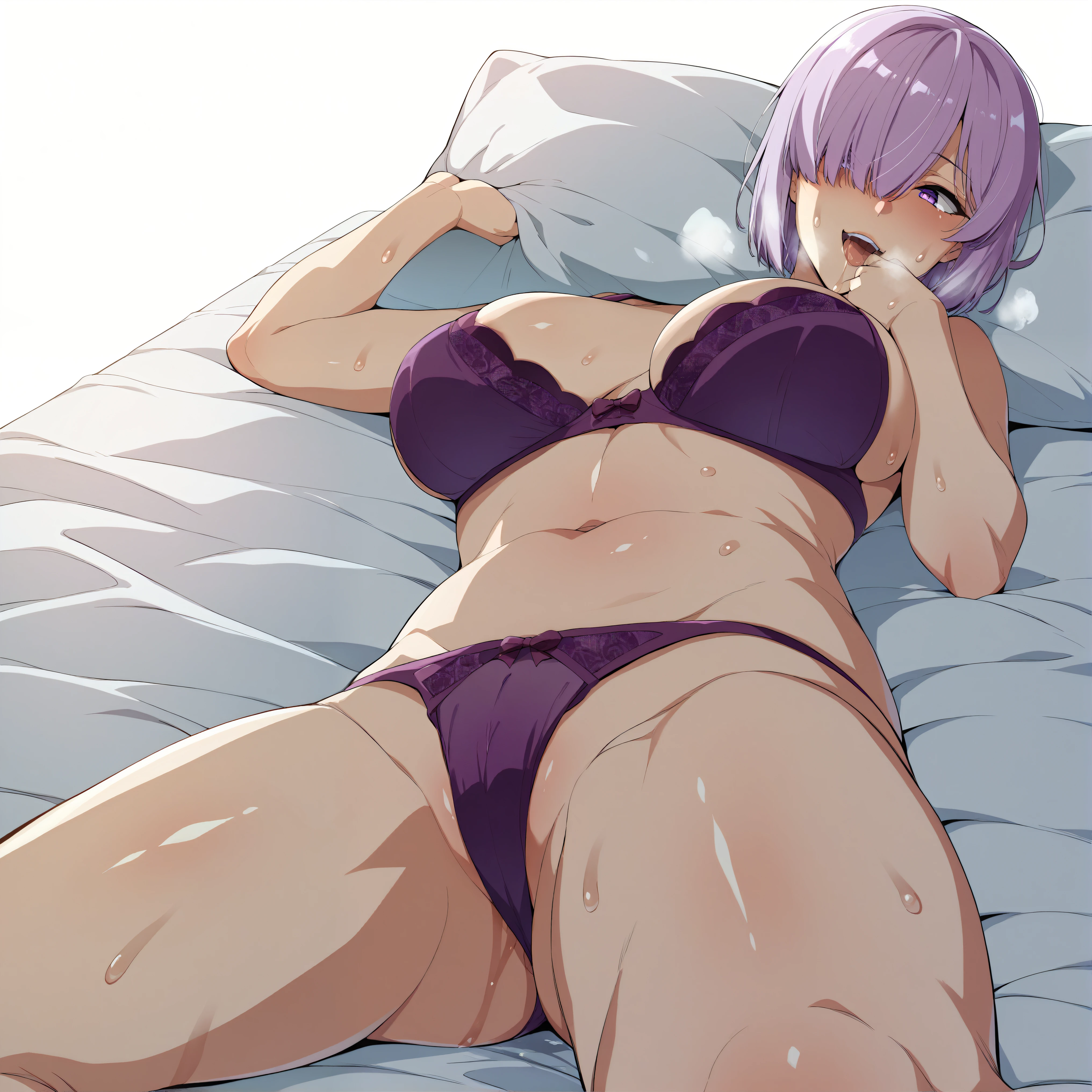 very Wide angle、Ultra-detailed illustrations、Ultra-precise expression、masterpiece、Highest quality、ultra High resolution、High resolution、Hiromitsu Takeda Style、White background、Simple Background、bed、Mash Kyrielight、light purple hair,short hair,hair over one eyes、purple sexy bra、Panties、Vulgar expression、smile、Open your mouth、White Breath、Sweat、Glowing Skin、shiny skin、Man sitting on bed、