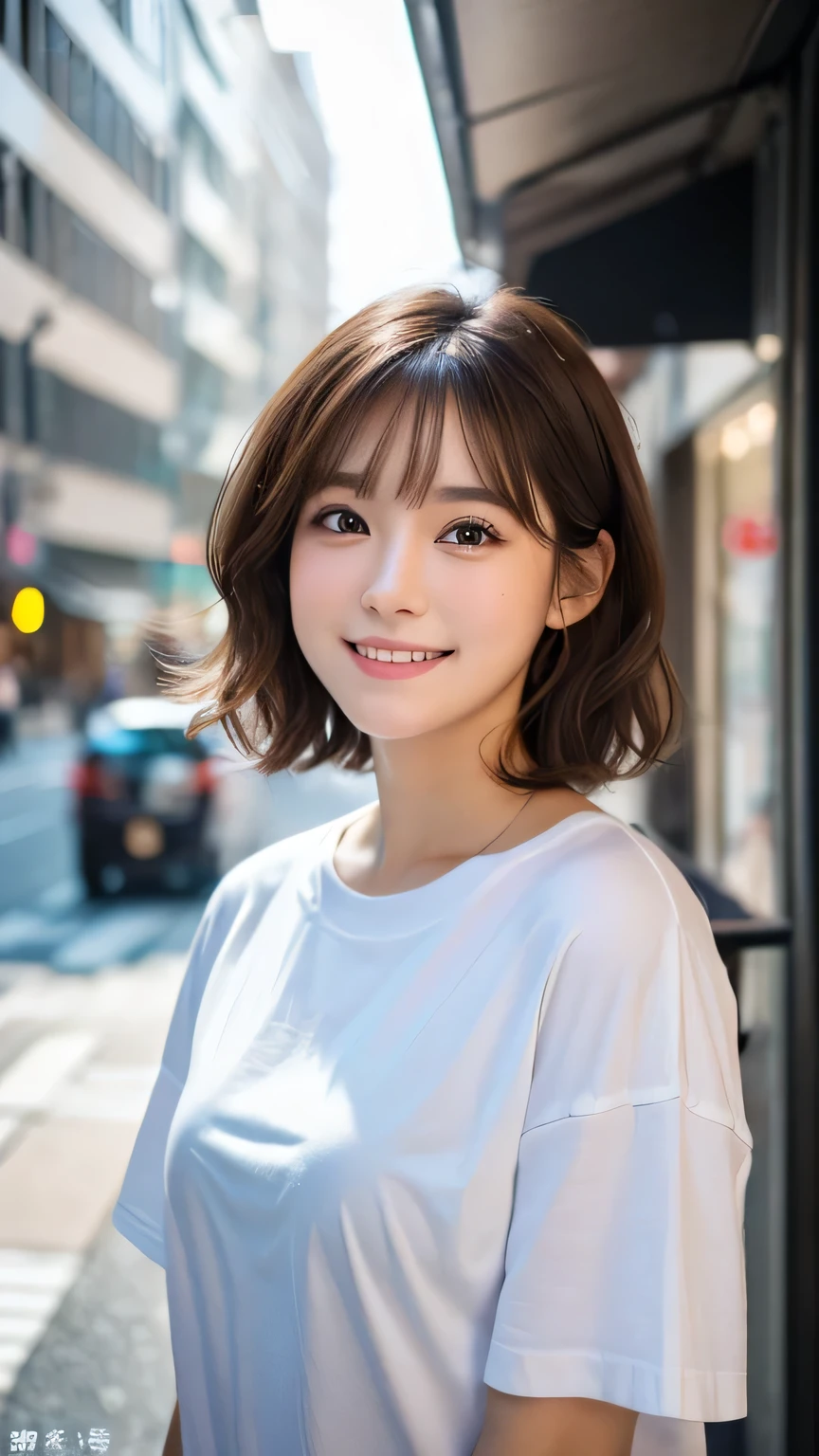 (Highest quality,8K quality,masterpiece:1.3,),(Ultra-high resolution:1.3,Realistic:1.4,RAW Photos:1.2),(Very detailed:1.2,Glowing Skin,Detailed skin:1.1),(Detailed face,Perfect Anatomy,Caustics:1.2), (Symmetrical eyes:1.3),1 girl,cute,Japanese,22 years old,Japanese Ido,Natural brown hair,Short hair curled outwards,cute目,Natural Makeup,Oversized T-shirt,Laughter,Looking into the camera,On the face,Face Focus,Street Corner,Professional Writing,Natural soft light,