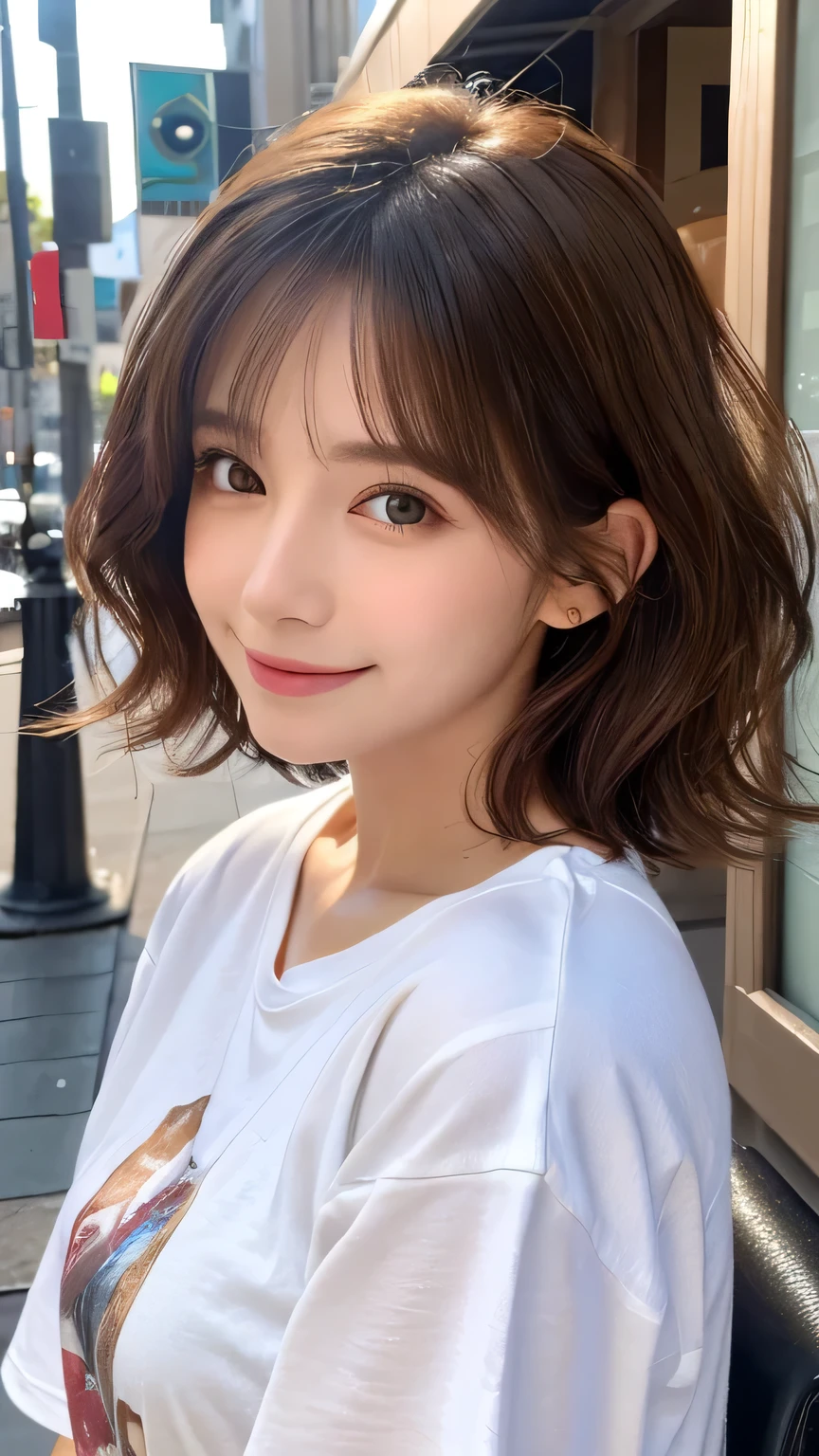 (Highest quality,8K quality,masterpiece:1.3,),(Ultra-high resolution:1.3,Realistic:1.4,RAW Photos:1.2),(Very detailed:1.2,Glowing Skin,Detailed skin:1.1),(Detailed face,Perfect Anatomy,Caustics:1.2), (Symmetrical eyes:1.3),1 girl,cute,Japanese,22 years old,Japanese Ido,Natural brown hair,Short hair curled outwards,cute目,Natural Makeup,Oversized T-shirt,Laughter,Looking into the camera,On the face,Face Focus,Street Corner,Professional Writing,Natural soft light,