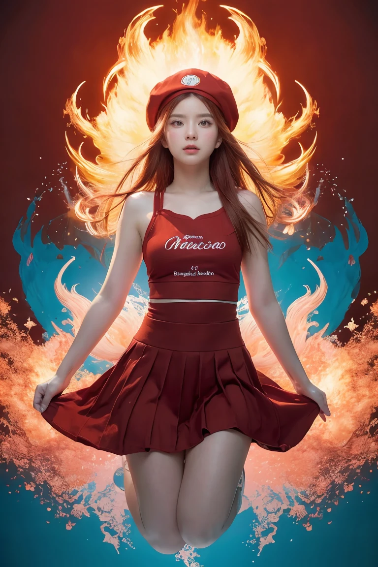 ((masterpiece,best quality)),(negative space:1.4),(1girl, solo:1.4),beautiful detailed eyes,floating pink hair, red hat, fireball, casting a fire spell, orange and red fractals background, looking to the side, teal eyes, fullbody, jumping