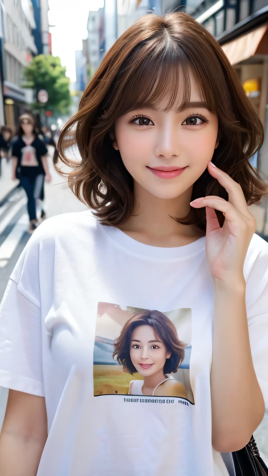 (Highest quality,8K quality,masterpiece:1.3,),(Ultra-high resolution:1.3,Realistic:1.4,RAW Photos:1.2),(Very detailed:1.2,Glowing Skin,Detailed skin:1.1),(Detailed face,Perfect Anatomy,Caustics:1.2), (Symmetrical eyes:1.3),1 girl,cute,Japanese,22 years old,Japanese Ido,Natural brown hair,Short hair curled outwards,cute目,Natural Makeup,Oversized T-shirt,Laughter,Looking into the camera,On the face,Face Focus,Street Corner,Professional Writing,Natural soft light,