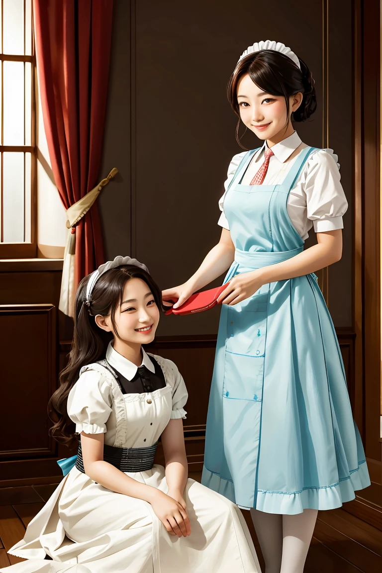 Two girls help the maid and maid woman comb her hair The noble woman smiles happily, the maid cousin maid does everything with love and devotion, the maid takes care of the male master with great pleasure,