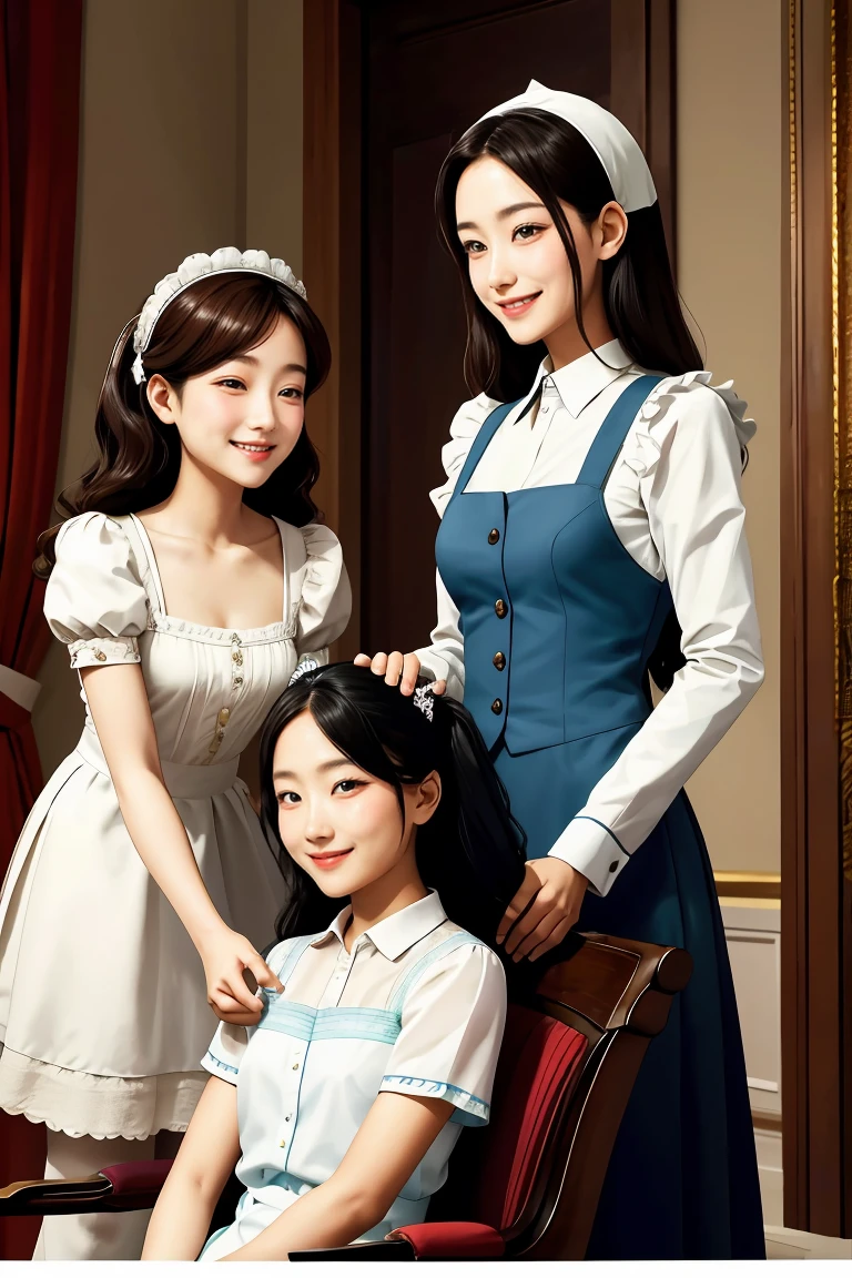 Two girls help the maid and maid woman comb her hair The noble woman smiles happily, the maid cousin maid does everything with love and devotion, the maid takes care of the male master with great pleasure,