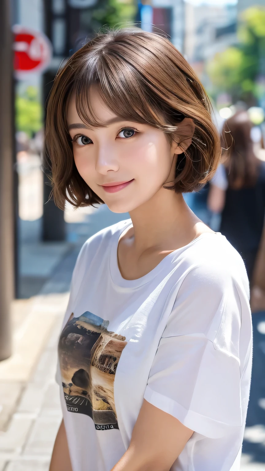 (8k, RAW Photos, highest quality, masterpiece: 1.2), Super detailed, Super Resolution, (Genuine, Genuine photos: 1.37), Portraiture, High-resolution RAW color photos, Professional photos, とても細かくて美Shii, Very detailed, 8k wallpaper, Amazing details, Large file size, Official Art, Very detailed CG Unity 8k wallpaper, Very detailed beautiful girls, Very detailed facesHighly detailed eyes, Very detailed skin, Very detailed fingers, Very detailed鼻, Very sophisticated mouth, Perfect Anatomy, Very detailed背景, Very elaborate clothing, One Girl, (18:1.2), , cute girl, Famous Japanese Idols, cute, Genuineistic body, , White skin, Glowing Skin, The body is slim, Handsome body, Brown Hair, Short, curly hair, (Blunt bangs:1.2), smile, cute, like々Shii, かわいらShii顔, Realistic Face, Delicate eyes, Saggy eyes, White T-shirt, skirt, Earrings, looking at the camera, Cowboy Shot, Front Face, Standing posture, traitor, Main Street, public, Dynamic Lighting,