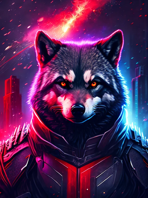 gloomy portrait of brave Rocket wolf just like rocket raccoon from Marvel, extremely detailed, futuristic cityscape, nighttime, glowing neon lights, smoke, sparks, metal shavings, flying debris, red energy effects, volumetric light