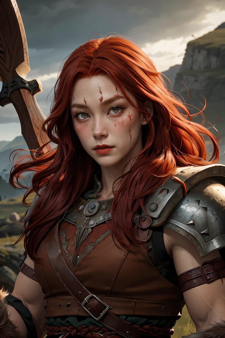 red-haired woman, skin scars, viking, viking clothing, strong, muscular, serious facial expression, rpg art style, fantasy art style