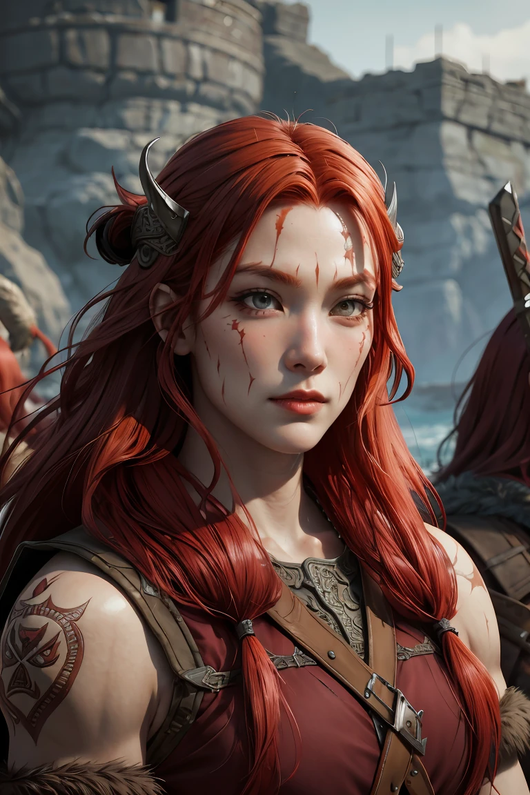 red-haired woman, skin scars, viking, viking clothing, strong, muscular, serious facial expression, rpg art style, fantasy art style