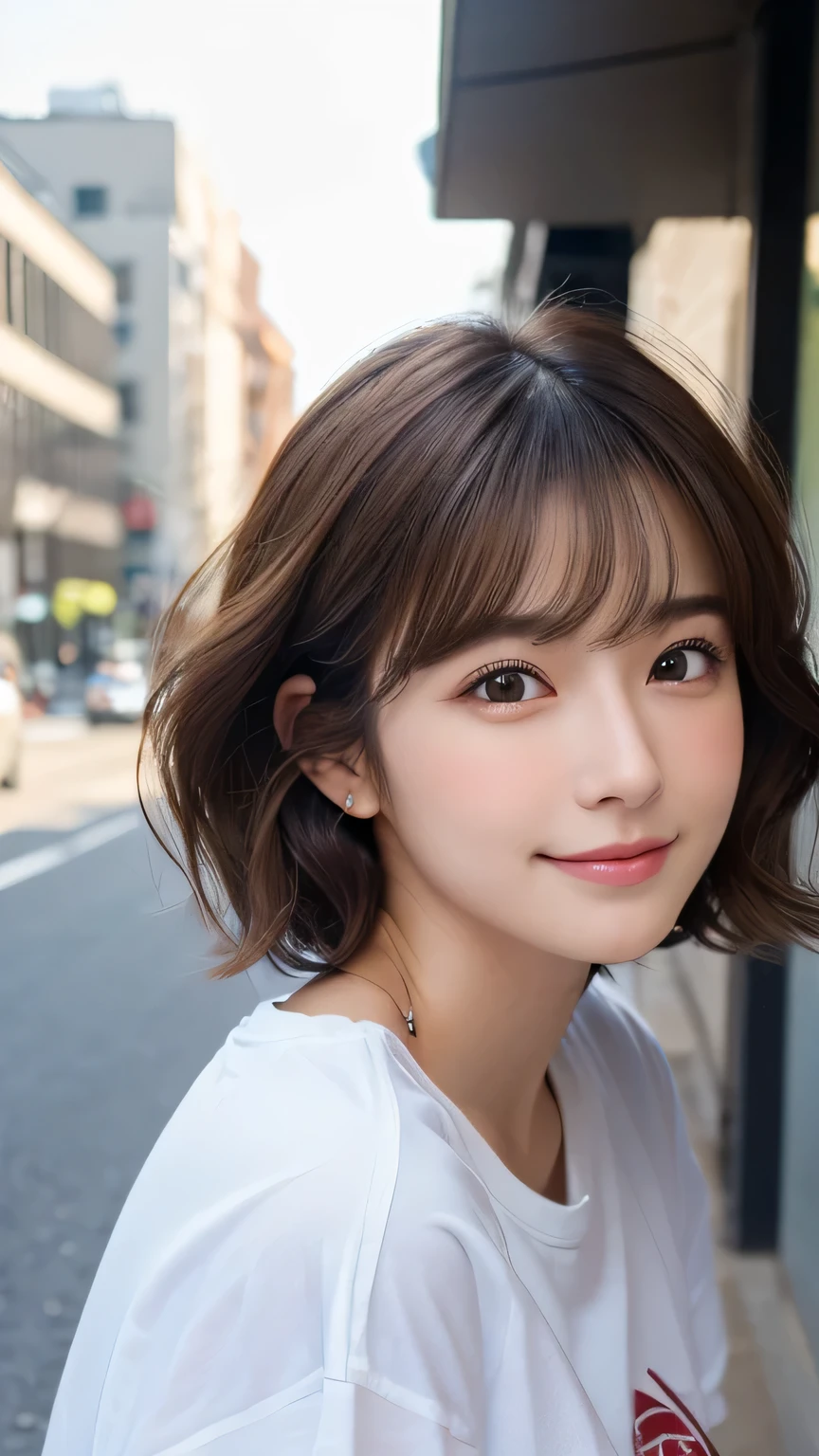 (Highest quality,8K quality,masterpiece:1.3,),(Ultra-high resolution:1.3,Realistic:1.4,RAW Photos:1.2),(Very detailed:1.2,Glowing Skin,Detailed skin:1.1),(Detailed face,Perfect Anatomy,Caustics:1.2), (Symmetrical eyes:1.3),1 girl,cute,Japanese,22 years old,Japanese Ido,Natural brown hair,Short hair curled outwards,cute目,Natural Makeup,Oversized T-shirt,Laughter,Looking into the camera,On the face,Face Focus,Street Corner,Professional Writing,Natural soft light,