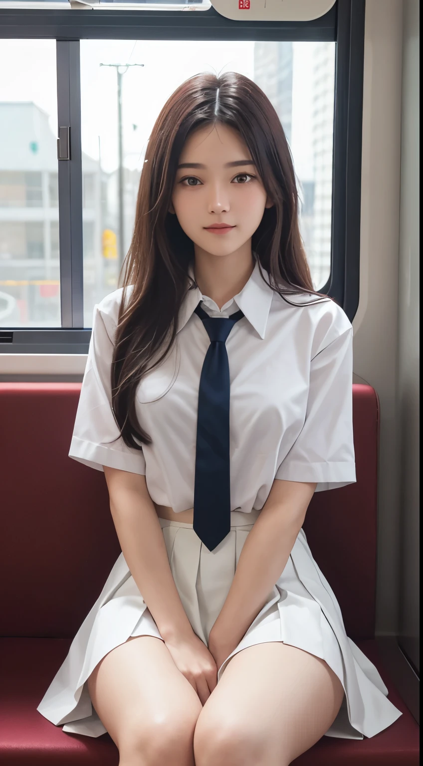 (Tabletop, Highest quality:1.2), 8k, 18-year-old, 85mm, Official Art, RAW Photos, Absurd, White dress shirt, Pretty face, close, Upper Body, Violet, Gardenias, beautiful girl, , (Navy Pleated Skirt:1.1), Cinch waist, Thighs Thighs Thighs Thighs, Short sleeve, in the train, sit on bench seat, View your viewers, No makeup, (smile:0.4), Film Grain, chromatic aberration, Sharp focus, Face Light, Bright lighting, Teen, Detailed face, Bokeh Background, (Dark red tie:1.1)、huge
