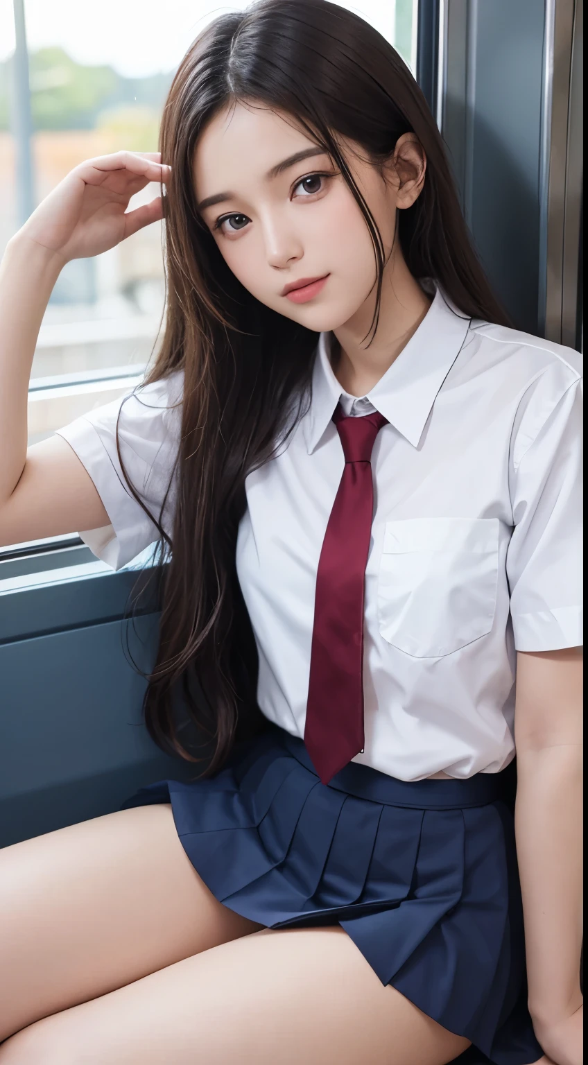(Tabletop, Highest quality:1.2), 8k, 18-year-old, 85mm, Official Art, RAW Photos, Absurd, White dress shirt, Pretty face, close, Upper Body, Violet, Gardenias, beautiful girl, , (Navy Pleated Skirt:1.1), Cinch waist, Thighs Thighs Thighs Thighs, Short sleeve, in the train, sit on bench seat, View your viewers, No makeup, (smile:0.4), Film Grain, chromatic aberration, Sharp focus, Face Light, Bright lighting, Teen, Detailed face, Bokeh Background, (Dark red tie:1.1)、huge
