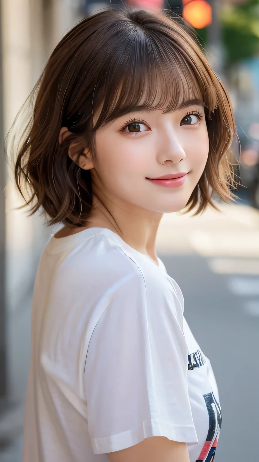 (Highest quality,8K quality,masterpiece:1.3,),(Ultra-high resolution:1.3,Realistic:1.4,RAW Photos:1.2),(Very detailed:1.2,Glowing Skin,Detailed skin:1.1),(Detailed face,Perfect Anatomy,Caustics:1.2), (Symmetrical eyes:1.3),1 girl,cute,Japanese,22 years old,Japanese Ido,Natural brown hair,Short hair curled outwards,cute目,Natural Makeup,Oversized T-shirt,Laughter,Looking into the camera,On the face,Face Focus,Street Corner,Professional Writing,Natural soft light,