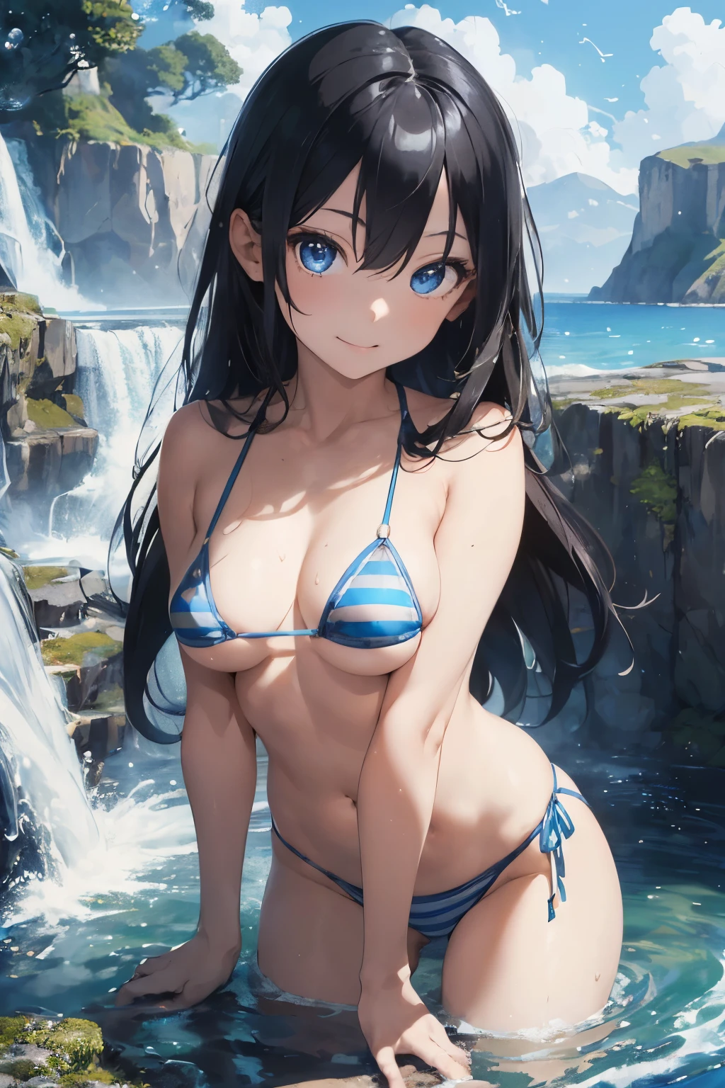 ((Highest quality)), ((masterpiece)), (detailed), ((Japanese)),, Black Hair,(Childish face), long hair, (Straight Hair), Girl ,Medium Breasts , ((Blue eyes)),half-smile , Sunlight , ((extreme_close_up)) ,Lots of bubbles, Shining Stars, Coast, waterfall, micro bikini, Striped bikini,