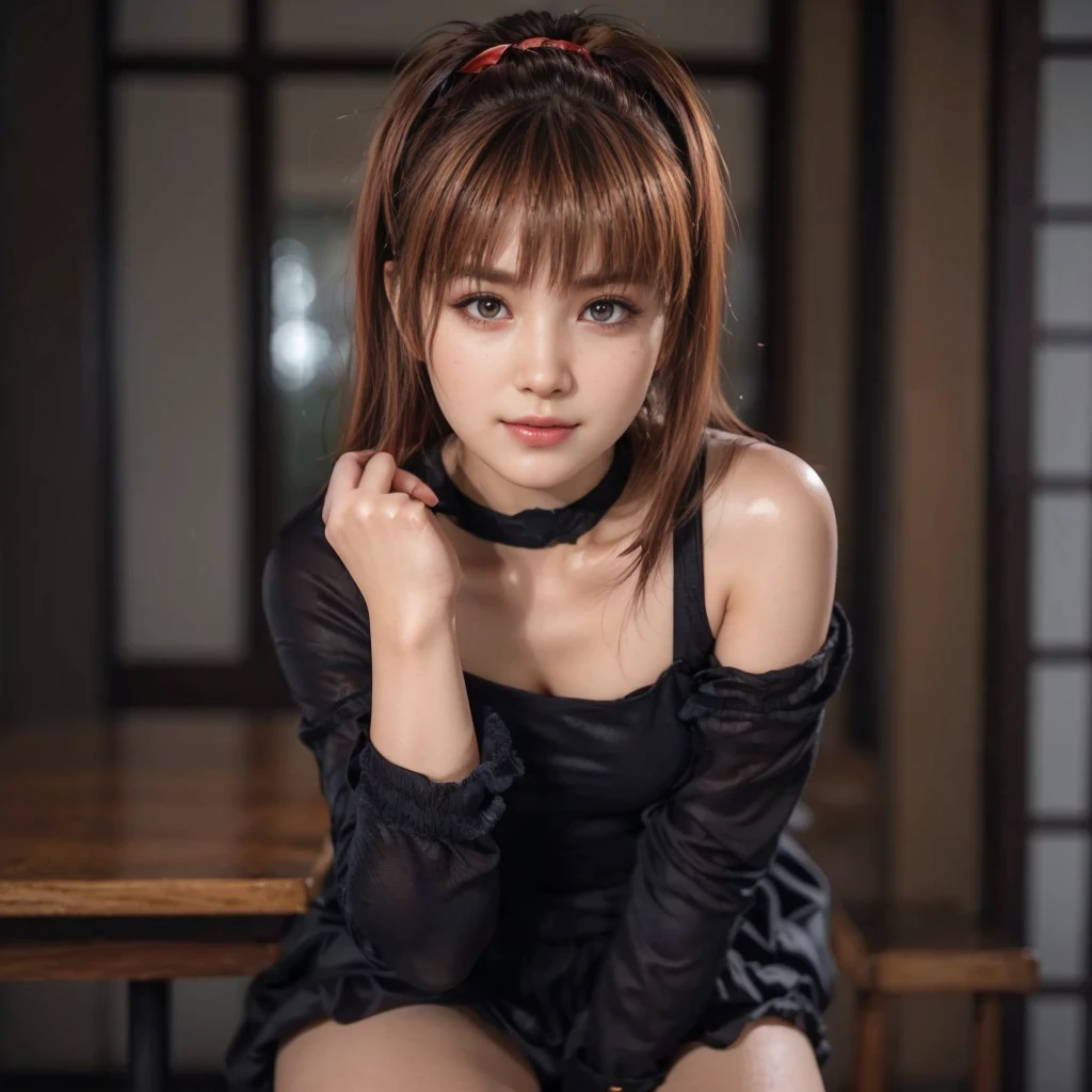 kasumi, eyes browns, (best qualityer, ultra detali), (realisitic:1.37), beautiful and detailed face, ultra-realisitic texture, 精致的面容, Delicate body, red lipgloss stick, shiny colors. High definition, 8k, expression with a slight cute smile