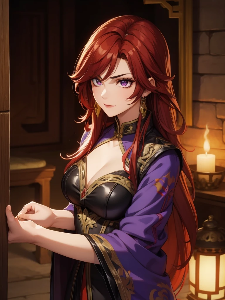 My sweet vampire (, thin, black and red hair) lies on his crypt, joy, colmillos, purple eyes, purple hanfu, elegant, Ancient China, Chinese national costume