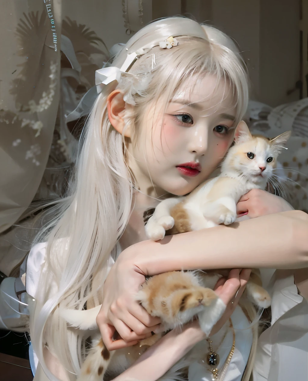  blonde holding a cat in her arms, longos white  hair e franja, with white long hair, com longos white  hair,  of the white cat, offwhite ( catboy ) Kizi, very beautiful cute catgirl,  attractive cat, white hime cut hairstyle, light hair, longos white  hair,  perfeita de white  hair, white  hair, white  hair, ulzzang. Siamese cat. Siamese HIGH RESOLUTION 