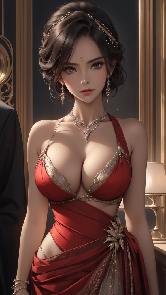 a beautiful woman,sleeveless dress,sexy outfit,detailed face,intricate jewelry, deep cleavage,photorealistic,highly detailed,chiaroscuro lighting,vibrant colors,cinematic,dramatic lighting,elegant,high fashion,luxury,opulent, sexy perfect breasts,