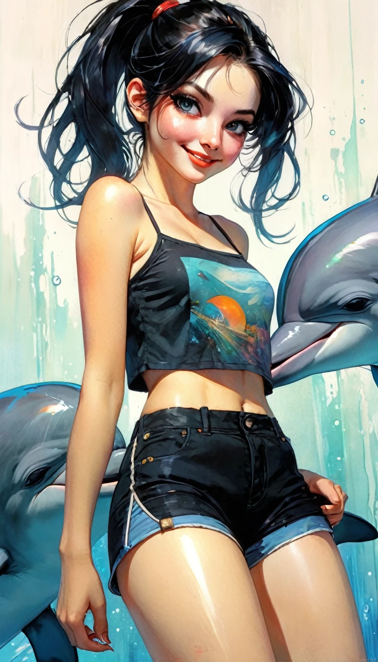 the character has a close up picture of her with a skirt on, 1girl, solo, shorts, hair over one eye, ponytail, breasts, black hair, smile, black shorts, dolphin shorts, long hair, looking at viewer, bare shoulders, collarbone, short shorts , (best quality, masterpiece, ultra-detailed, illustration),(8K wallpaper),(beautiful detailed eyes), beautiful, amazing, detailed eyes, (detailed skin) emotional impact, Bill Sienkiewicz inspired art
