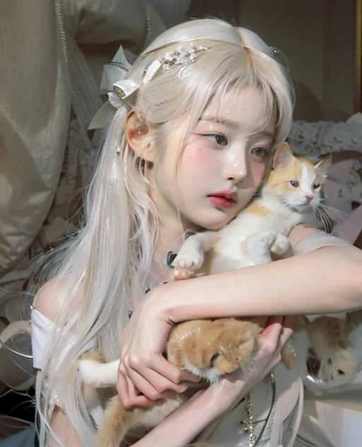 blonde holding a cat in her arms, longos white hair e franja, with white long hair, com longos white hair, of the white cat, offwhite ( catboy ) Kizi, very beautiful cute catgirl, attractive cat, white hime cut hairstyle, light hair, longos white hair, perfeita de white hair, white hair, white hair, ulzzang. Siamese cat. Siamese HIGH RESOLUTION