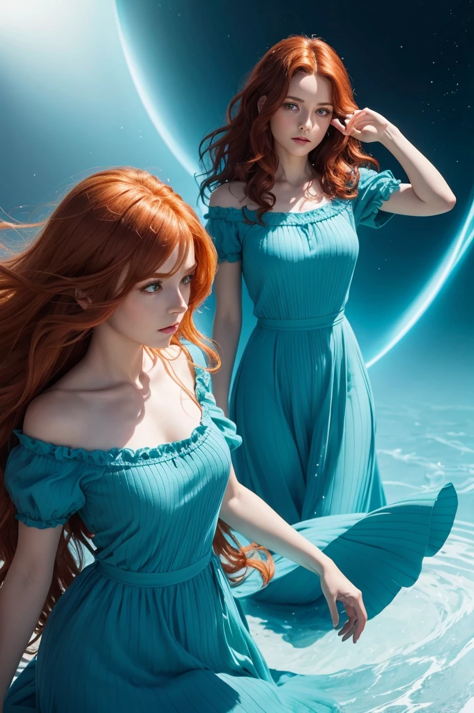 Wavy redhead female character,with green eyes,wearing a blue dress,looking at a void reflecting on something on a background 
