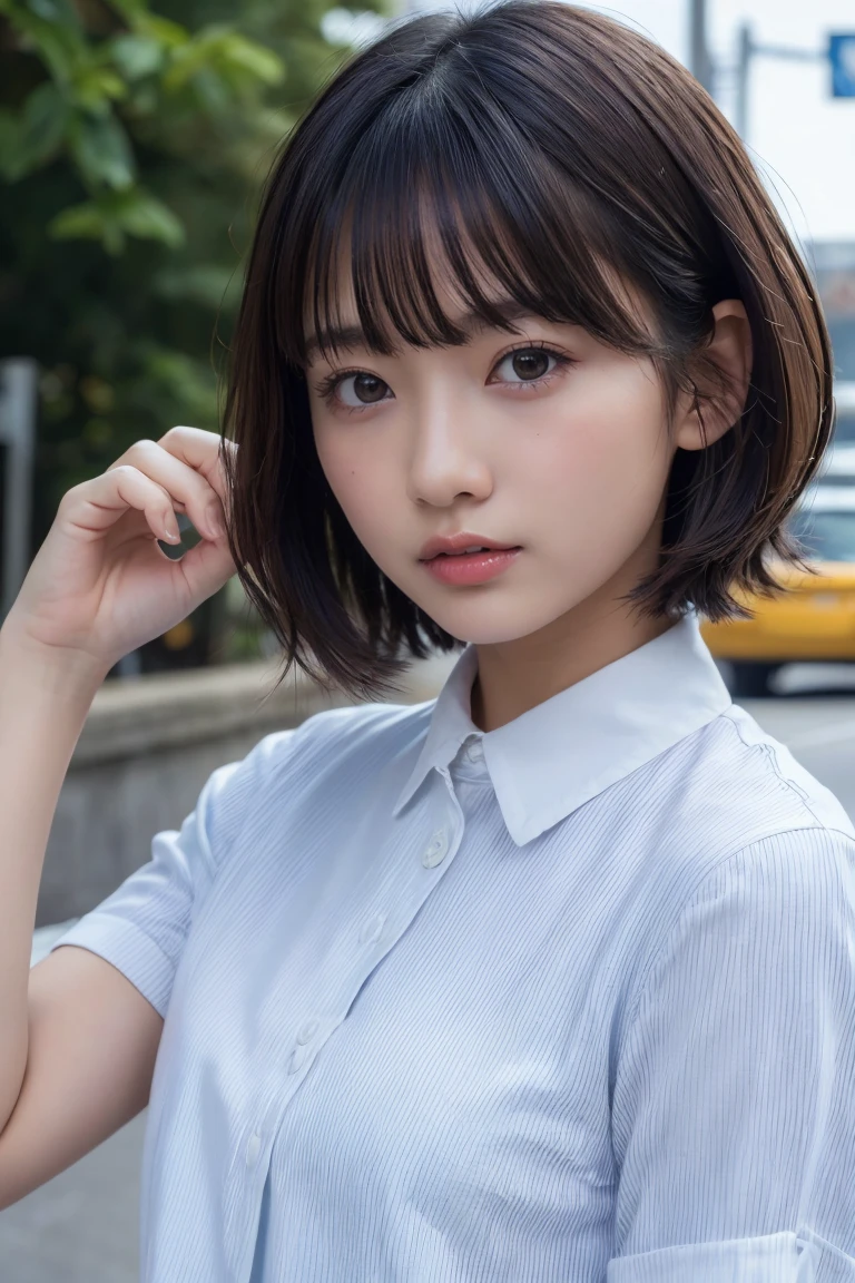 ((Highest quality、8k、masterpiece:1.3))、Beautiful woman、One Girl、(Cute baby turtle)、Slim Abs:1.1、White Button Down Blouse、((short hair))、Detailed facial features、Highly detailed lips、Detailed eyes、double eyelid、(Neat bangs.1.3)、Dark brown hair、Large Eyes、Seductive lips、The corners of the mouth turn up、black eye、street、cute asian face, Beautiful Japanese girl face, Short fine hair,With bangs,, Shirahime cut hairstyle、Narrow eyes、(A grown-up 30-year-old)、
