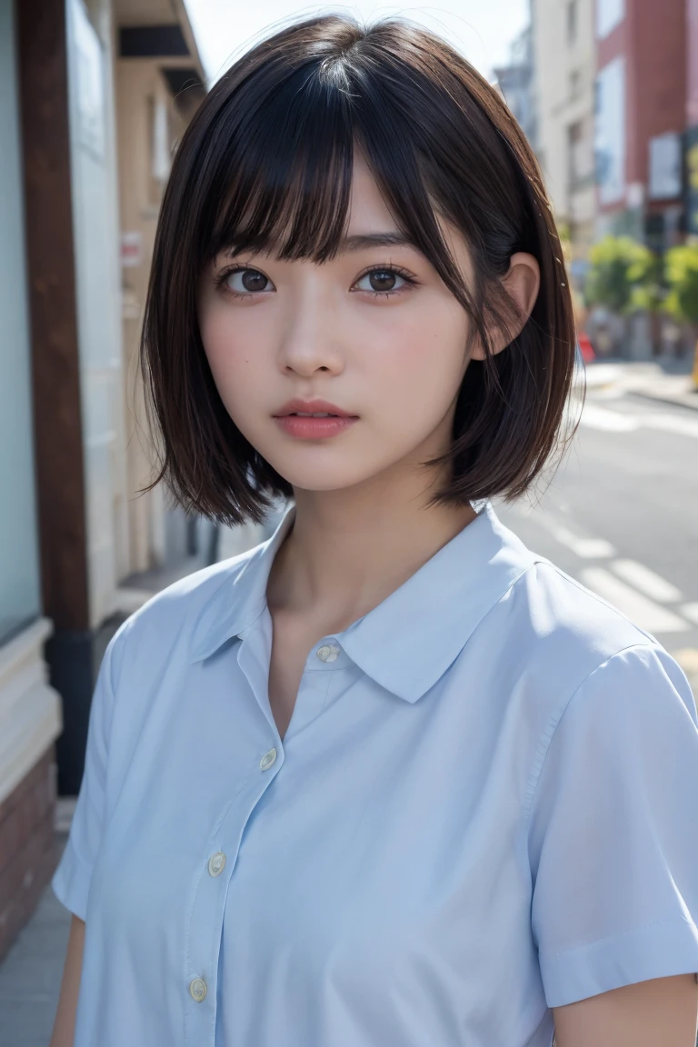 ((Highest quality、8k、masterpiece:1.3))、Beautiful woman、One Girl、(Cute baby turtle)、Slim Abs:1.1、White Button Down Blouse、((short hair))、Detailed facial features、Highly detailed lips、Detailed eyes、double eyelid、(Neat bangs.1.3)、Dark brown hair、Large Eyes、Seductive lips、The corners of the mouth turn up、black eye、street、cute asian face, Beautiful Japanese girl face, Short fine hair,With bangs,, Shirahime cut hairstyle、Narrow eyes、(A grown-up 30-year-old)、