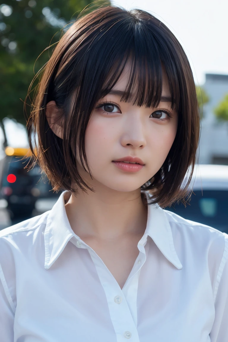 ((Highest quality、8k、masterpiece:1.3))、Beautiful woman、One Girl、(Cute baby turtle)、Slim Abs:1.1、White Button Down Blouse、((short hair))、Detailed facial features、Highly detailed lips、Detailed eyes、double eyelid、(Neat bangs.1.3)、Dark brown hair、Large Eyes、Seductive lips、The corners of the mouth turn up、black eye、street、cute asian face, Beautiful Japanese girl face, Short fine hair,With bangs,, Shirahime cut hairstyle、Narrow eyes、(A grown-up 30-year-old)、