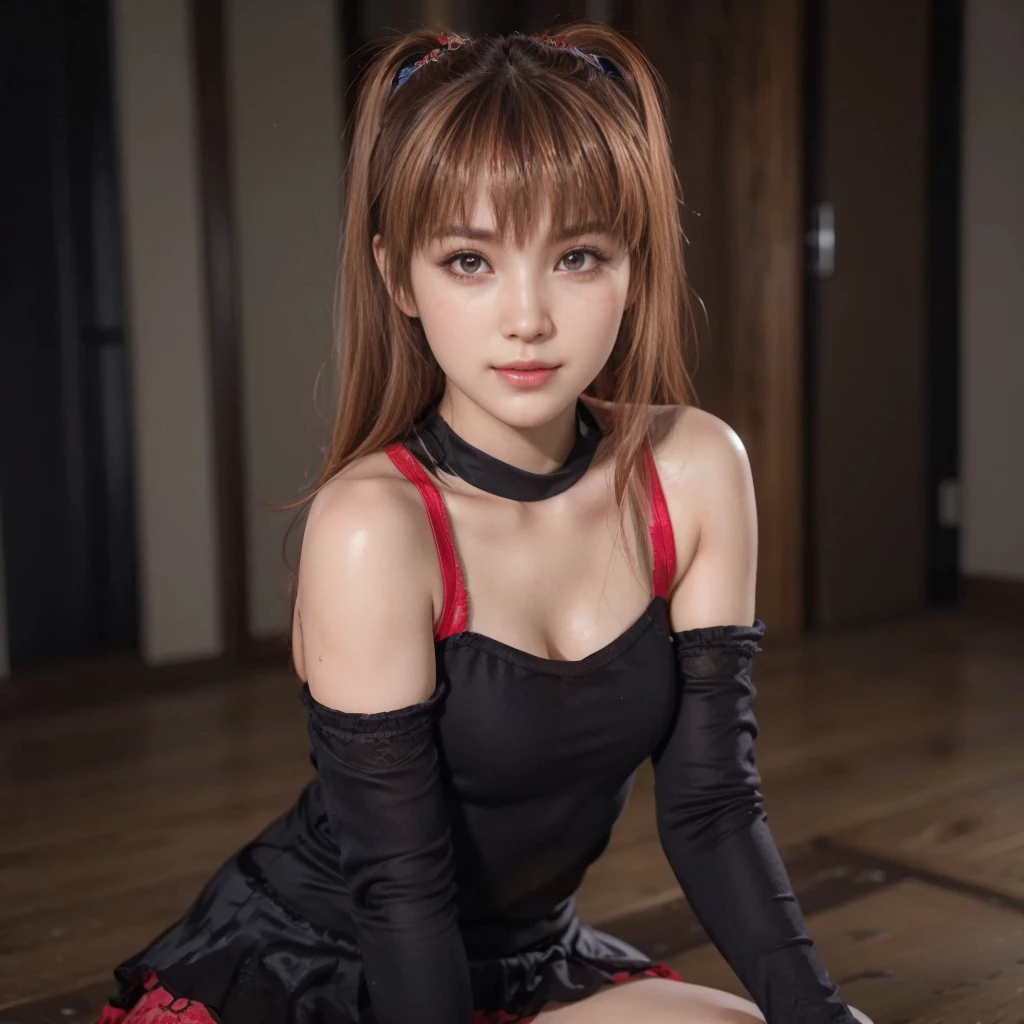 kasumi, eyes browns, (best qualityer, ultra detali), (realisitic:1.37), beautiful and detailed face, ultra-realisitic texture, 精致的面容, Delicate body, red lipgloss stick, shiny colors. High definition, 8k, expression with a slight cute smile