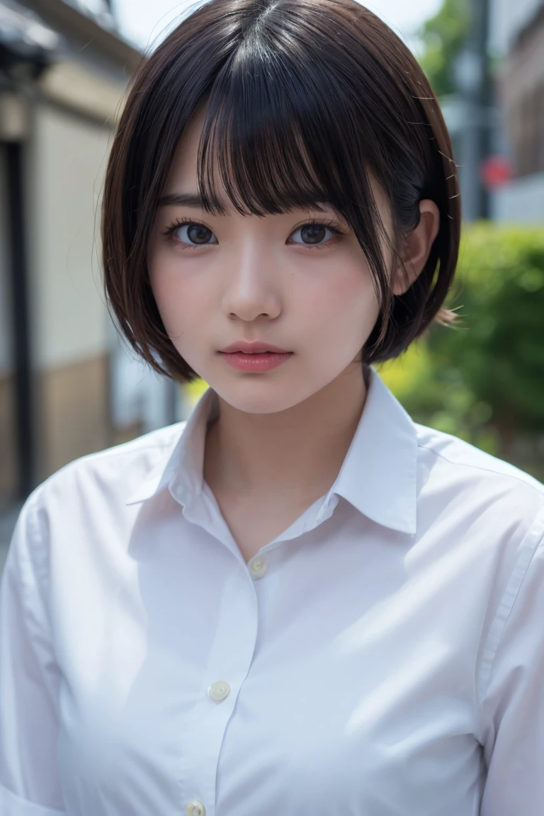 ((Highest quality、8k、masterpiece:1.3))、Beautiful woman、One Girl、(Cute baby turtle)、Slim Abs:1.1、White Button Down Blouse、((short hair))、Detailed facial features、Highly detailed lips、Detailed eyes、double eyelid、(Neat bangs.1.3)、Dark brown hair、Large Eyes、Seductive lips、The corners of the mouth turn up、black eye、street、cute asian face, Beautiful Japanese girl face, Short fine hair,With bangs,, Shirahime cut hairstyle、Narrow eyes、(A grown-up 30-year-old)、