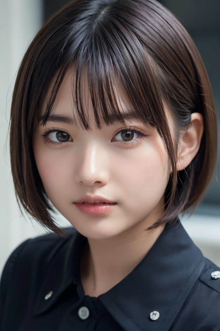 ((Highest quality、8k、masterpiece:1.3))、Beautiful woman、One Girl、(Cute  turtle)、Slim Abs:1.1、White Button Down Blouse、((short hair))、Detailed facial features、Highly detailed lips、Detailed eyes、double eyelid、(Neat bangs.1.3)、Dark brown hair、Large Eyes、Seductive lips、The corners of the mouth turn up、black eye、street、cute asian face, Beautiful Japanese girl face, Short fine hair，With bangs,, Shirahime cut hairstyle、Narrow eyes、(A grown-up 30-year-old)、