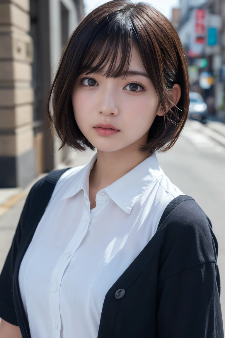 ((Highest quality、8k、masterpiece:1.3))、Beautiful woman、One Girl、(Cute baby turtle)、Slim Abs:1.1、White Button Down Blouse、((short hair))、Detailed facial features、Highly detailed lips、Detailed eyes、double eyelid、(Neat bangs.1.3)、Dark brown hair、Large Eyes、Seductive lips、The corners of the mouth turn up、black eye、street、cute asian face, Beautiful Japanese girl face, Short fine hair,With bangs,, Shirahime cut hairstyle、Narrow eyes、(A grown-up 30-year-old)、