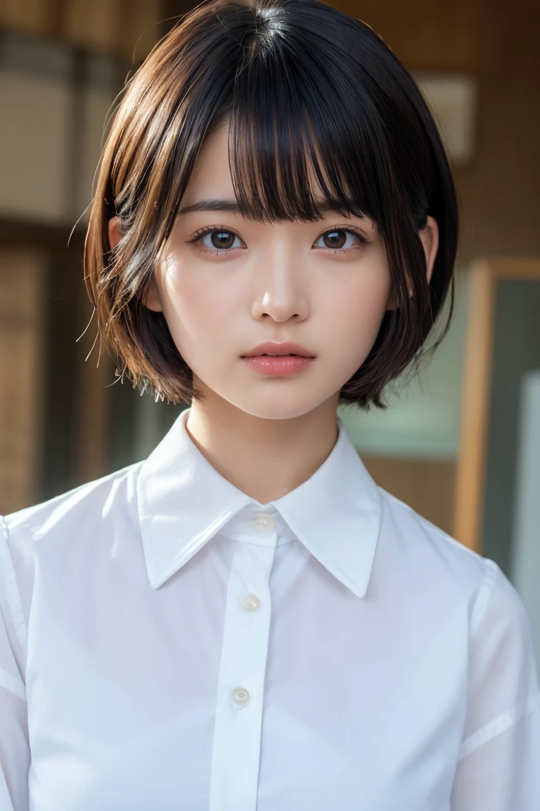 ((Highest quality、8k、masterpiece:1.3))、Beautiful woman、One Girl、(Cute baby turtle)、Slim Abs:1.1、White Button Down Blouse、((short hair))、Detailed facial features、Highly detailed lips、Detailed eyes、double eyelid、(Neat bangs.1.3)、Dark brown hair、Large Eyes、Seductive lips、The corners of the mouth turn up、black eye、street、cute asian face, Beautiful Japanese girl face, Short fine hair,With bangs,, Shirahime cut hairstyle、Narrow eyes、(A grown-up 30-year-old)、