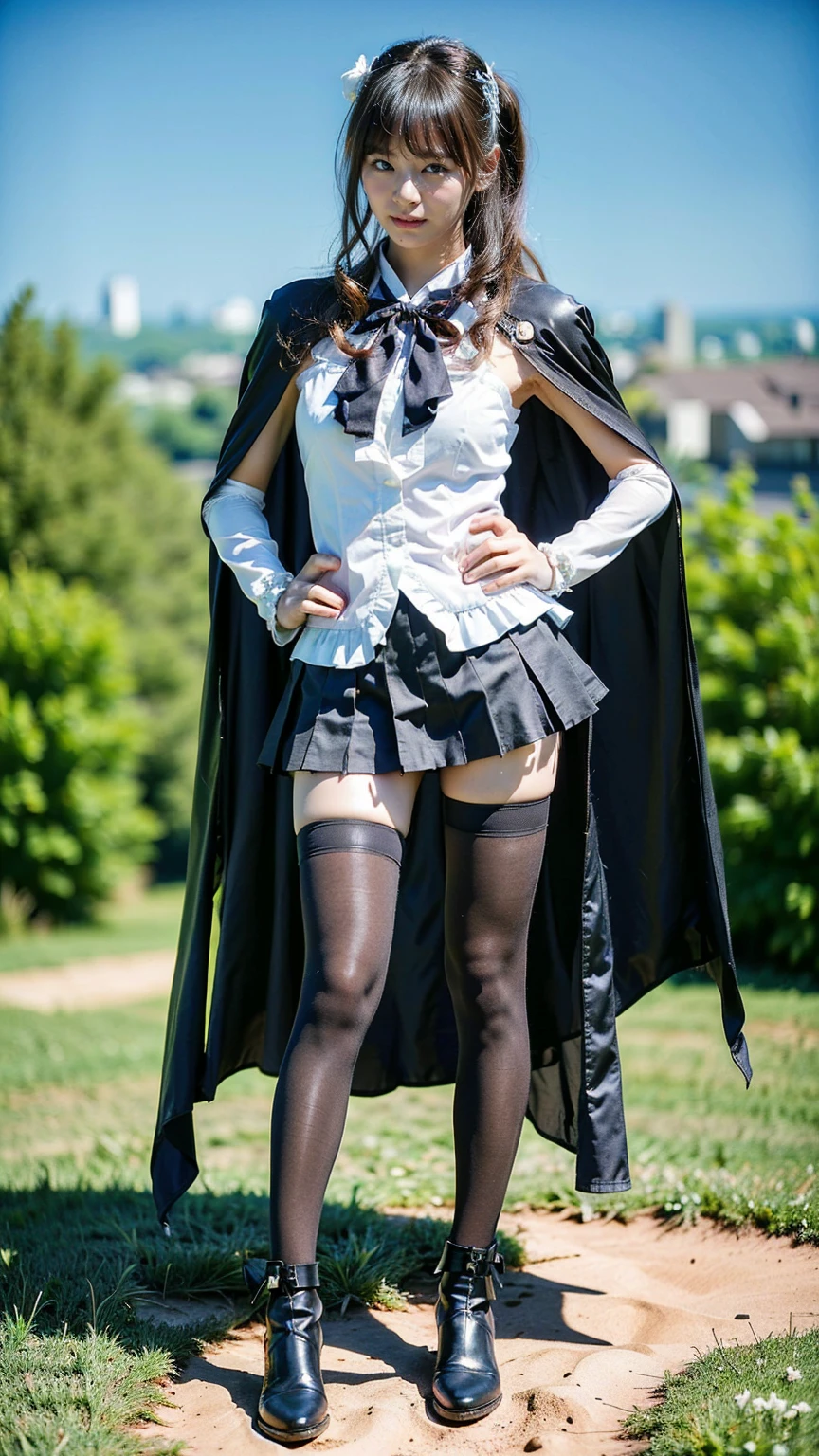 (8k、RAW Photos、Highest quality、masterpiece:1.2)、(Realistic、Realistic)、1 girl、((Black mini skirt、one piece、Frills、Cape、Medium Hair、Pretty Cure Costume、See through、tights、ribbon、boots、Emphasize the chest、whole body、garden、View from the front、Looking into the camera、Stand with hands on hips))、