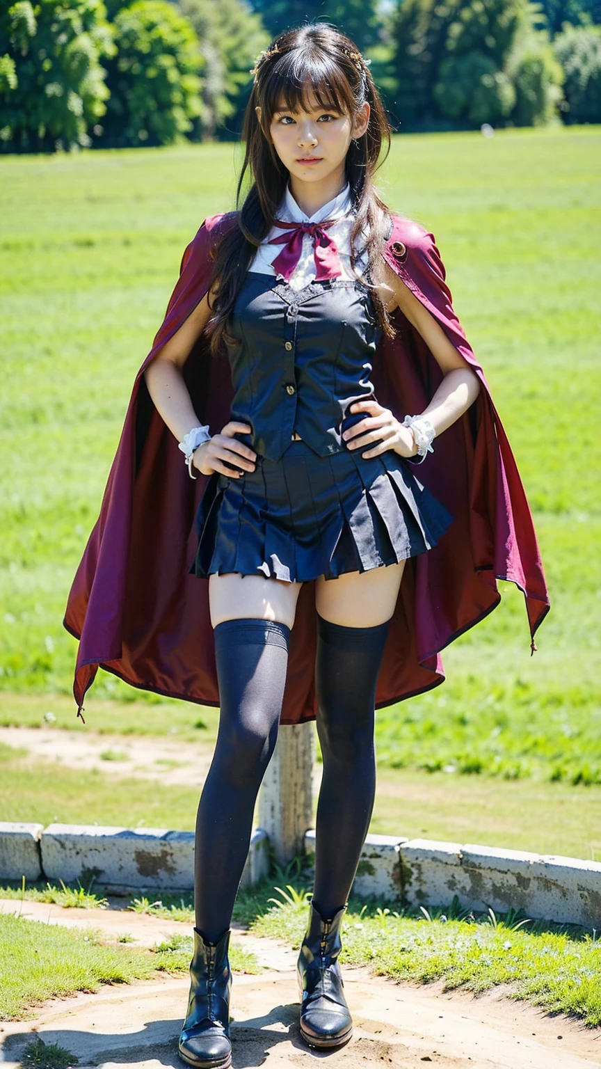 (8k、RAW Photos、Highest quality、masterpiece:1.2)、(Realistic、Realistic)、1 girl、((Black mini skirt、one piece、Frills、Cape、Medium Hair、Pretty Cure Costume、See through、tights、ribbon、boots、Emphasize the chest、whole body、garden、View from the front、Looking into the camera、Stand with hands on hips))、