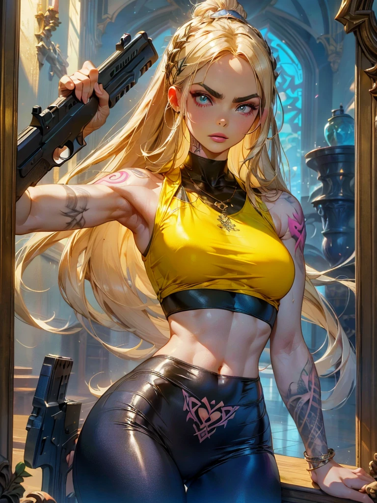 1 girl, Long straight blonde hair, dynamic pose , colorful stylized leggings with sleeveless top, Close-up, ((hot body, abdomen)), shapely body, ((tattooed gun)), barock style mirror room background, (((cara de barbie viking))).