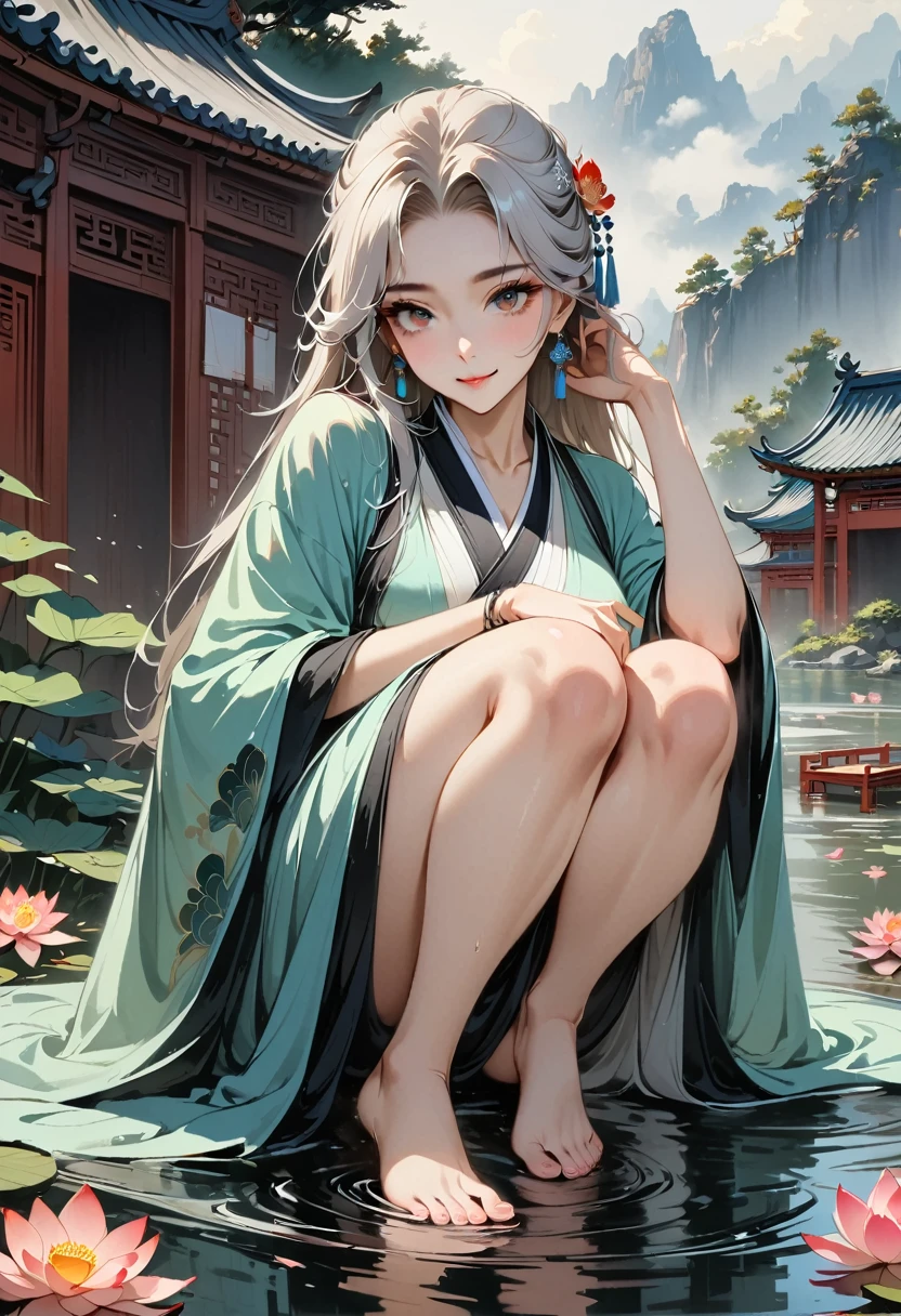 ((4K,masterpiece,best quality)), Ink Bismuth, traditional Chinese painting, lotus, Hanfu, Maxis Suite, Dress conservatively 1girl, Solitary, Long silver hair, Smile, Squat, Feet in water, barefoot,big eyes,