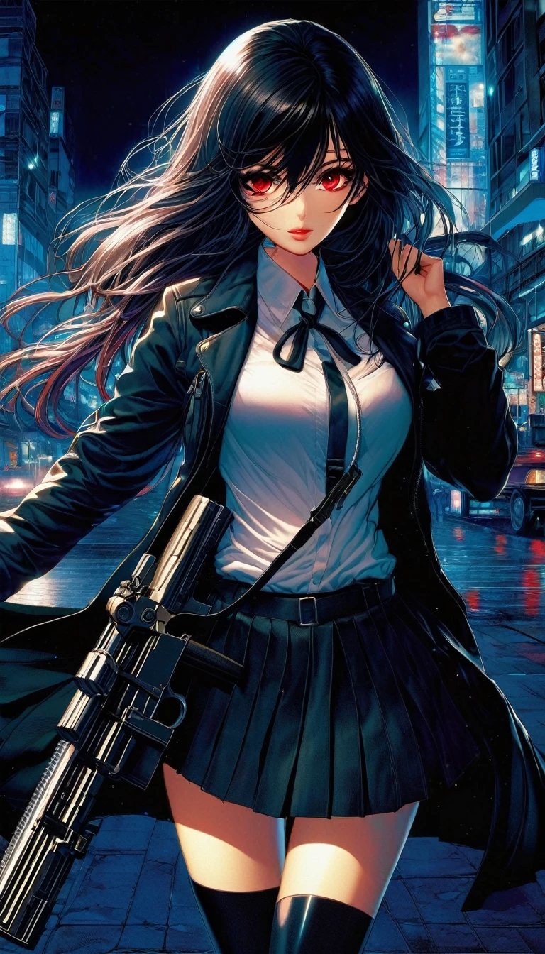 a girl with a gun in her hand standing on a dark background with a high resolution image, 1 girl, tachibana kanade, weapon, alone, gun, long hair, skirt, jacket, city, building, night, red eyes, holding, (best quality, masterpiece, ultra detailed, illustration 1.2), (8K wallpaper), (beautiful detailed eyes 1.2), beautiful, amazing and detailed eyes, (detailed skin), emotional impact, art inspired by Bill Sienkiewicz