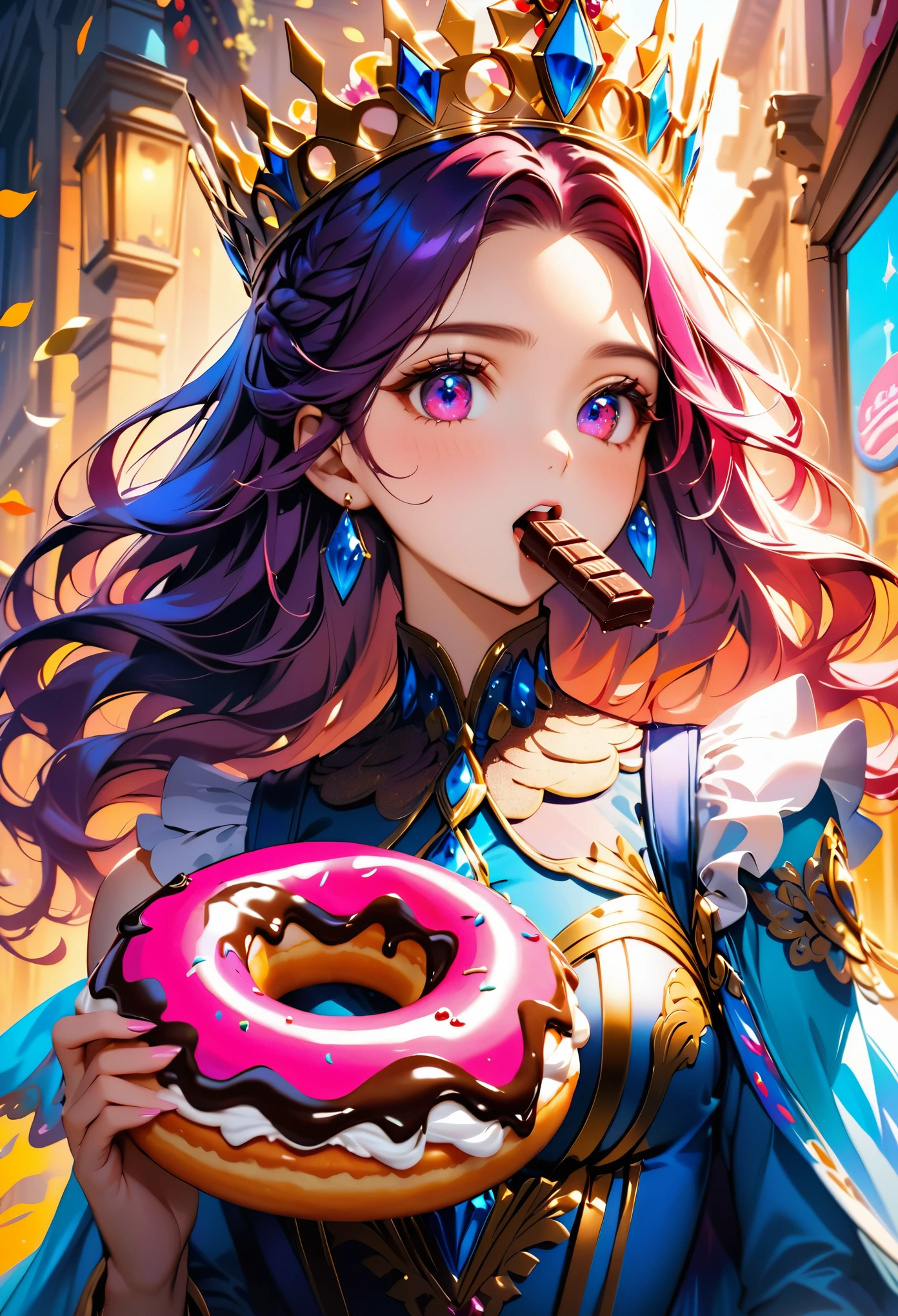 an oil painting portrait of a queen eating a (an epic donut: 1.3), an exotic exquisite beautiful queen, dynamic hair color, wavy hair, dynamic eyes color,  intense eyes, wearing glamour silk dress, intricate detailed dress, dynamic color dress, dynamic style dress, wearing diamond crown ((eating  a large donut: 1.3)),  (cherries: 1.1), (whipped cream: 1.1), (chocolate bar: 1.1)  fantasy pastry shop background,  vibrant, Ultra-high resolution, High Contrast, (masterpiece:1.5), highest quality, Best aesthetics), best details, best quality, highres, 16k, [ultra detailed], masterpiece, best quality, (extremely detailed) RAW, (ultra details, Masterpiece, best quality),   , Intense gaze, blood, Cinematic Hollywood Film
