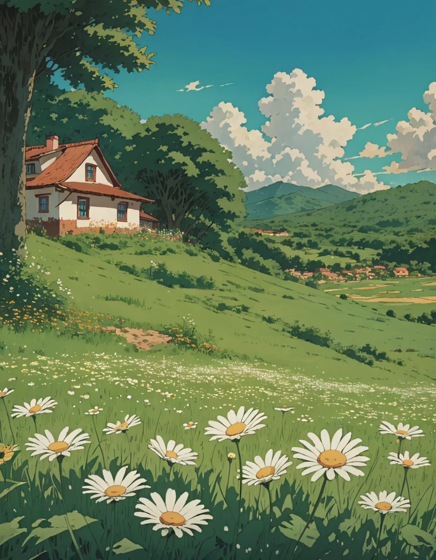 «a field of daisies at noon, green grass, meadow, anime studio casa de campo ghibli