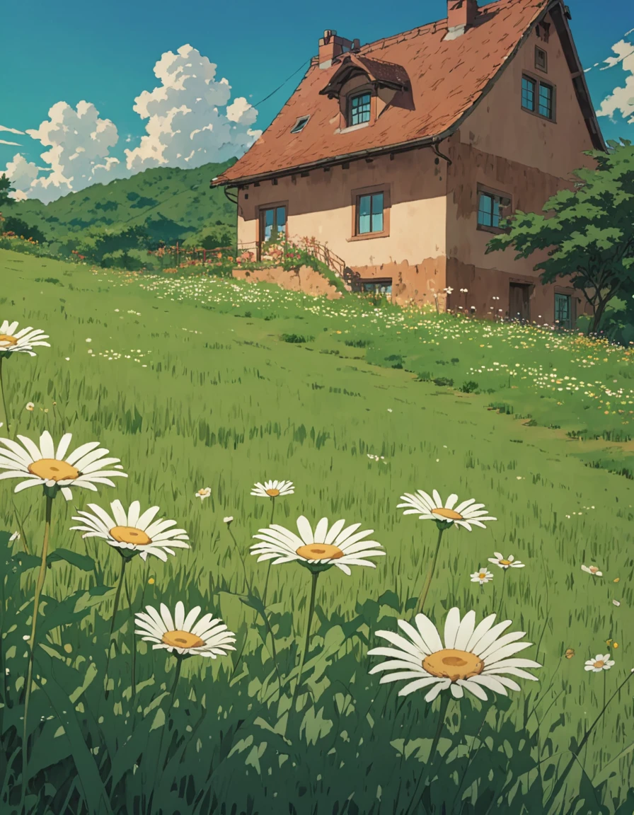 «a field of daisies at noon, green grass, meadow, anime studio casa de campo ghibli