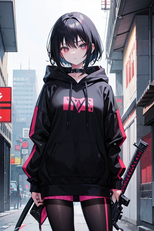anime girl with black hair in a black hoodie holding a sword in cyberpunk style