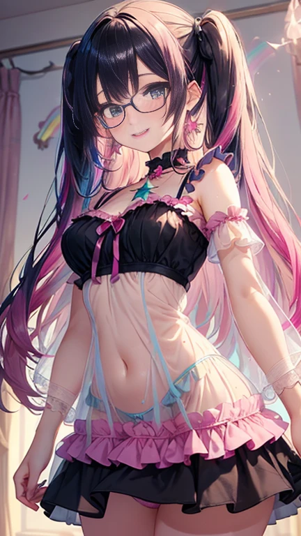 小さなgirl、Glasses、petal、Thick thighs、Big Ass、 (alone:1.5,)Very detailed,Bright colors, Very beautiful detailed anime faces and eyes, Look straight ahead, Shiny_skin,girl,(((long hair、Rainbow Hair, Colorful hair, Half black、Half pink hair: 1.2)))  、Forehead is exposed.、Shiny hair, Delicate beautiful face, blush、(Turquoise Eyes), White skin, Valletta, Earrings,、blue flower field、(((See-through、Pink frilled dress with star pattern、Underwear is visible、Black Skirt)))、Twin tails、smile、smile、Face dyed red