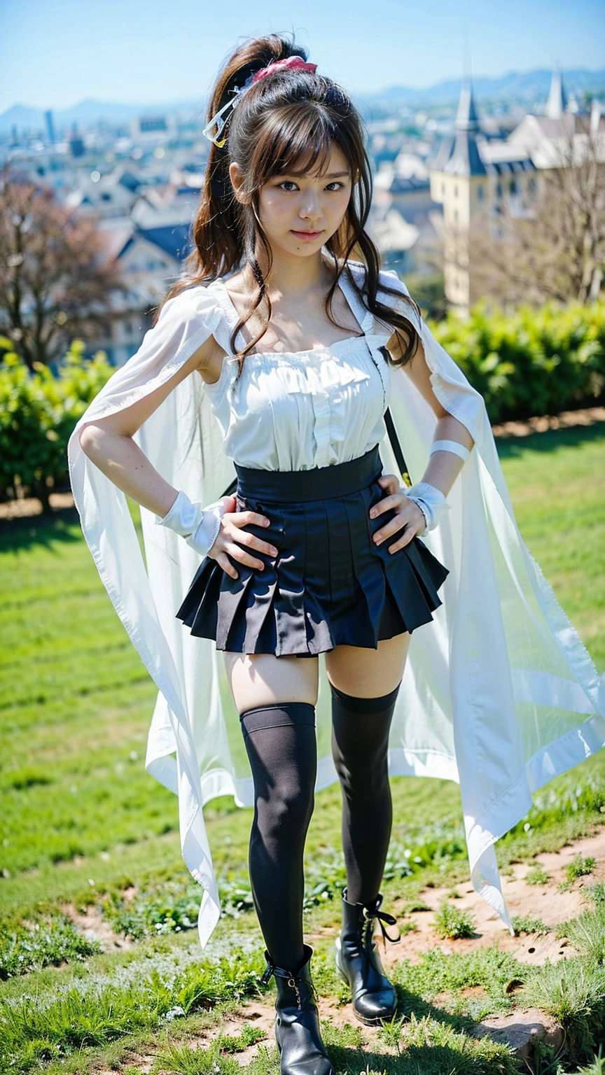 (8k、RAW Photos、Highest quality、masterpiece:1.2)、(Realistic、Realistic)、1 girl、((Black mini skirt、one piece、Frills、Cape、Medium Hair、Pretty Cure Costume、See through、tights、ribbon、boots、Emphasize the chest、whole body、garden、View from the front、Looking into the camera、Stand with hands on hips))、