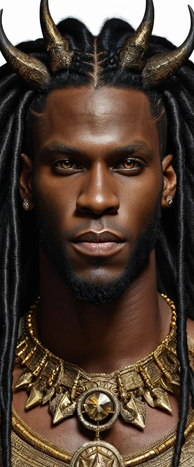 Create a high-quality, hyper-detailed work of art featuring an African-American demon prince. The character must have dark black dreadlocks and dark brown skin. Your eyes must be yellow, with an intense and detailed look. A cena deve ser um close-up, capturing the character's expression and facial details.He must be dressed in royal attire, combining the elegance of a prince with the lethality of an assassin, giving it the appearance of a "regal assassin". The composition of the image must be perfect, with an action pose that highlights his grandeur and dexterity.Utilize studio photography techniques to ensure sharp focus and high-quality lighting. Resolution should be 8K, allowing for intricate detail in every aspect of the character, from the fabric of the costume to the texture of the skin and the details of the eyes. Art must be on the rise, with a style that combines realistic and fantastic elements.