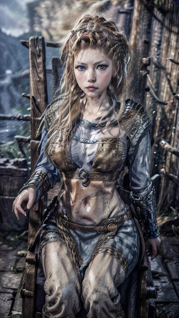 Full body viking girl, in a Viking settlement, photorealistic face, photorealistic body, long blonde hair, deep ocean blue eyes, wearing silver war bikini with golden vines for clothes, mix of armor and dress, sharp focus, details Intricate, hyperrealistic art, Realistic digital artwork, Symmetrical, photo shoot with 25mm lens, Depth of field, Tilt Blur, shutter-speed 1/1000, f/16, white balance, 32K, RGB professional photo, half rear lighting, contra-luz, dramatic lighting, soft lighting, Volumetric, , Global illumination, spreading, eyeshadows, chest uncovered, discovered back, chest uncovered, puffy breast, Rembrandt and Masamune Shirow mixed art styles