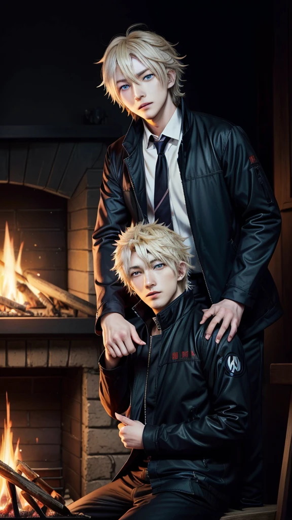 Anime characters with blonde hair and blue eyes in front of a fire, nagito komaeda, male Anime characters, JUJUTSU KAİSEN, With index finger, Tall anime guy with blue eyes, kaneki ken, Joker as Naruto, Joker is similar to Naruto, Killua=Zoldyck Black Hair, as an Anime characters, best Anime characters design, Anime characters