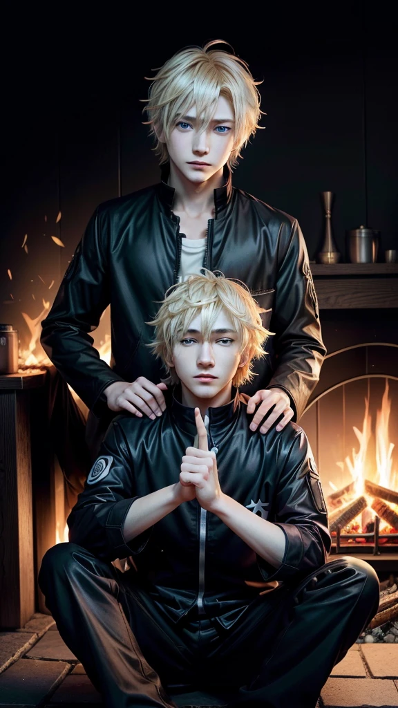 Anime characters with blonde hair and blue eyes in front of a fire, nagito komaeda, male Anime characters, JUJUTSU KAİSEN, With index finger, Tall anime guy with blue eyes, kaneki ken, Joker as Naruto, Joker is similar to Naruto, Killua＝Zoldyck Black Hair, as an Anime characters, best Anime characters design, Anime characters