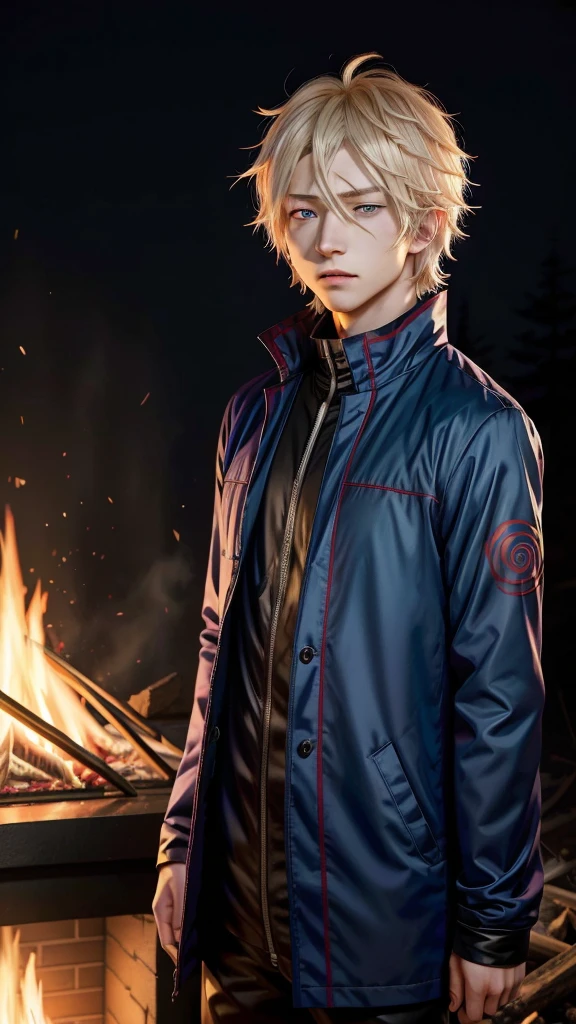 Anime characters with blonde hair and blue eyes in front of a fire, nagito komaeda, male Anime characters, JUJUTSU KAİSEN, With index finger, Tall anime guy with blue eyes, kaneki ken, Joker as Naruto, Joker is similar to Naruto, Killua=Zoldyck Black Hair, as an Anime characters, best Anime characters design, Anime characters
