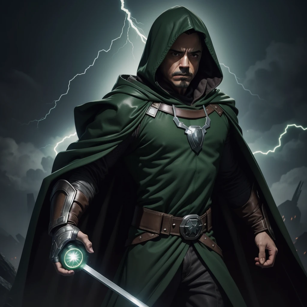 Robert Downey Jr. dressed in the costume of Doctor Doom, Angry face, score_9, score_8_up, score_7_up, masterpiece, high quality 1boy, green hood, green cape, brown leather belt, grey armor, green cloak and robes, cloak, no mask, gauntlets, glowing eyes, thunder, 