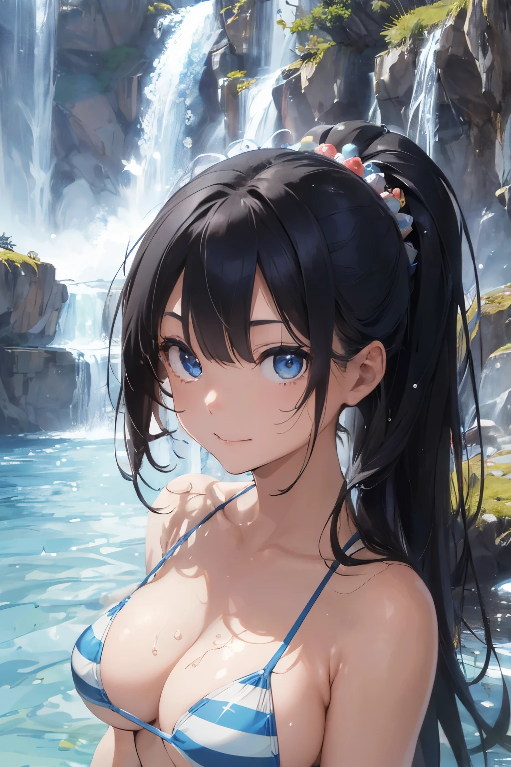 ((Highest quality)), ((masterpiece)), (detailed), ((Japanese)),, Black Hair,(Childish face), long hair, (Straight Hair), Girl ,big Breasts , ((Blue eyes)),half-smile , Sunlight , ((extreme_close_up)) ,Lots of bubbles, Shining Stars, Coast, waterfall, micro bikini, Striped bikini, Showcasing cleavage,