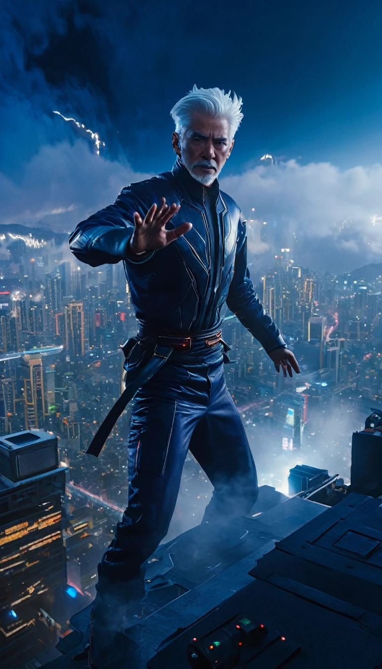 Gojo Satoru,White Hair,Cityscape in the background, Floating in the sky,Cinema Lighting, Very detailed, 8k, Realistic, Studio Lighting, Intricate details, Dynamic pose, Shiny metal texture, Glowing repulsor effect, Atmospheric fog, Vibrant colors, Dramatic Shadows, Volumetric lighting